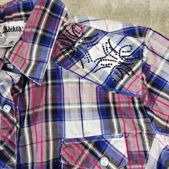 Adiktd Western Top Womens Medium Pink Blue Plaid Embellished Rhinestone Yoke - Picture 4 of 16